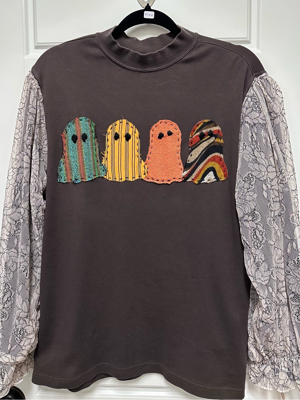 Upcycled Brown Long-Sleeve Top with Appliqué Ghosts and Lace Sleeves